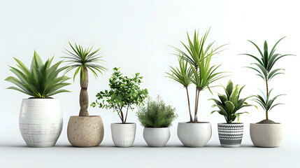 Fototapeta premium Diverse collection of potted plants such as palm tree, fern, and cactus, positioned against white backdrop