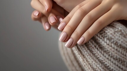 Closeup of a woman's hands with freshly manicured nails, resting on a soft, knitted blanket. The pale pink polish gleams delicately against the warm beige fabric