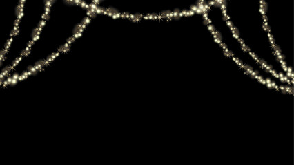 Golden glitter holiday banner. A string or wire line of decoration lights seamless repeatable design element. Bright festive tinsel of gold color Bokeh effect.