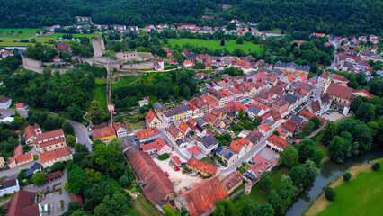  Aerial panorama view around the old town of Pappenheim on an overcast summer day in Germany.