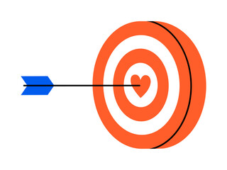 Hand drawn cute cartoon illustration arrow hit center of target with heart. Flat vector mutual feelings in doodle style. Find perfect match icon. Dating online app print. Romantic love. Isolated.