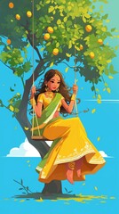 Illustration for Teej with a scene of a woman on a swing.