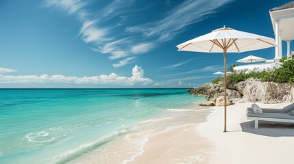 Fototapeta premium Tranquil Tropical Beach with Lounge Chair under Palm Trees