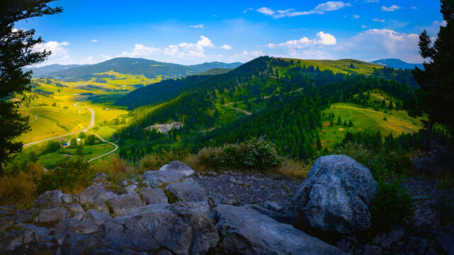 Bozeman Hiking Trail Summer Landscape from Drinking Horse Mountain Trail Hilltop in Montana: The Beautiful Green Mountain of the Northern Rocky Mountains, USA