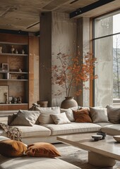 Fototapeta premium Contemporary Living Room A living room with a modern sofa, sleek coffee table, and minimalist decor. Include large windows and a neutral color palette