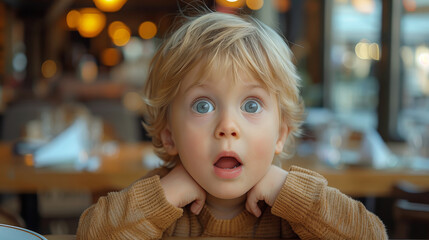 An expressive portrait of a child with wide eyes and an open mouth, displaying genuine surprise or astonishment. The child's face is a mix of curiosity, innocence, and wonder.