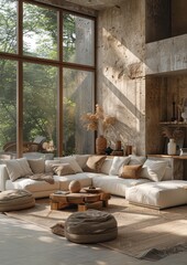 Contemporary Living Room A living room with a modern sofa, sleek coffee table, and minimalist decor. Include large windows and a neutral color palette