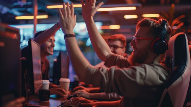 Two gamers celebrate a late night win with a high five, surrounded by their teammates in a dimly lit gaming room
