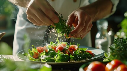 A chef sprinkling herbs on a fresh salad