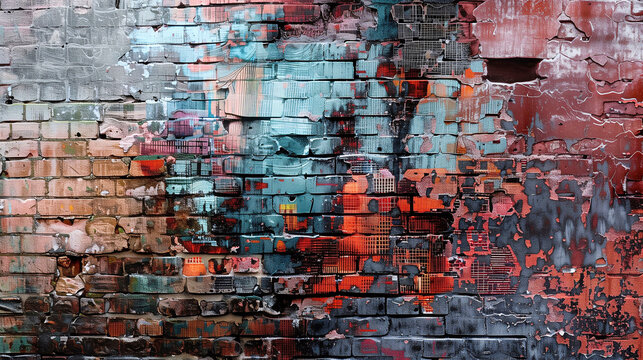 Close-Up of a Weathered Brick Wall with Digital Noise and Fragmented Code Texture
