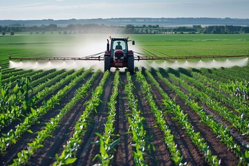 Obraz premium Red tractor sprays water on green crops. Tractor moves towards right side of frame. Trees and houses in background provide depth. Agricultural scene with farm equipment and nature.