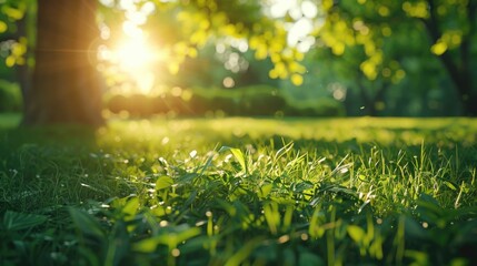 Fototapeta premium green manicured lawn and green forest tree at background. 