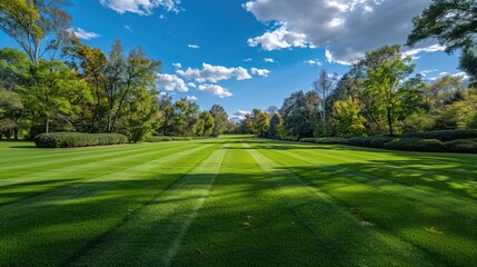 Obraz premium green manicured lawn and green forest tree at background. 