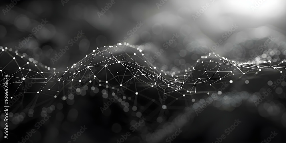 Poster ideal for technology abstract gray plexus background with glowing lines and dots. concept technology