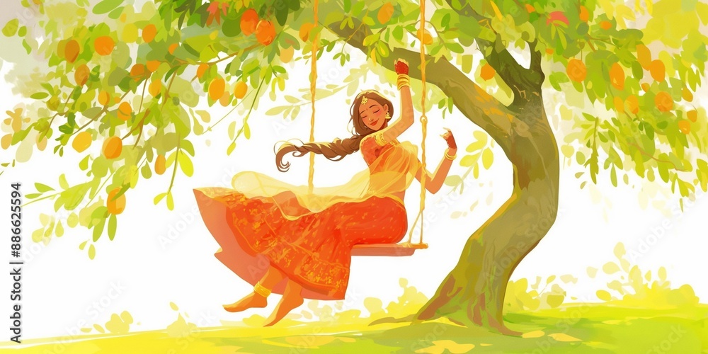 Wall mural simple illustration of happy indian woman on a swing.