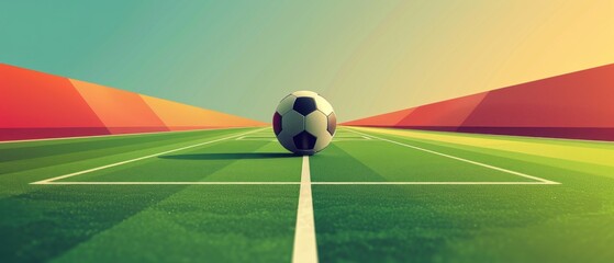 A simple and clean flat design illustration of a 3D football field with a football placed centrally. The minimalistic design with ample copy space makes it ideal for sports event promotions, coaching