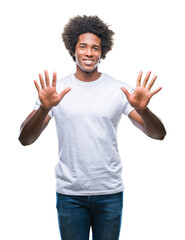Naklejka premium Afro american man over isolated background showing and pointing up with fingers number ten while smiling confident and happy.