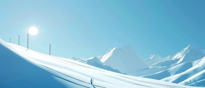 A minimalist 3D flat design illustration of a ski slope with ski poles and skis. The clean lines and ample copy space make it perfect for sports event promotions or educational content related to