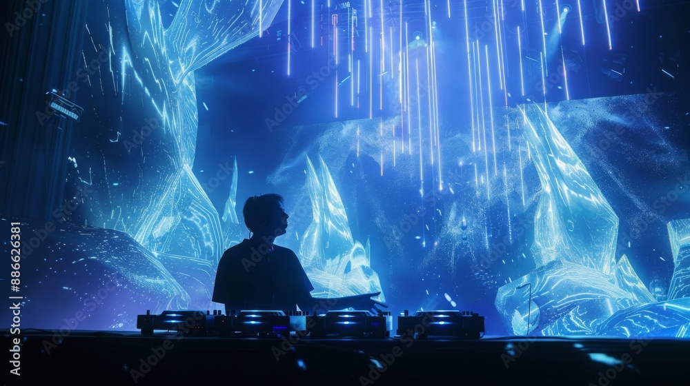 Poster A DJ performs in front of a large blue light display, creating a dramatic and futuristic atmosphere.