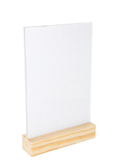 Menu holder on wooden table against white background. Mockup for design