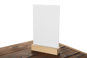 Menu holder on wooden table against white background. Mockup for design