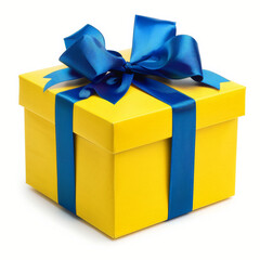 A fun, bright yellow gift box with a large blue bow, isolated on white background