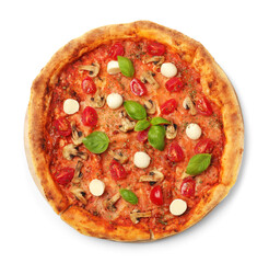 Tasty pizza with basil, mushrooms, mozzarella and tomato isolated on white, top view