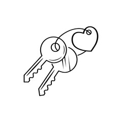 Keys apartment, hotel rooms doodle icon. Heart shaped keychain. Vector hand drawn sketch illustration.