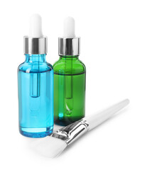 Bottles of chemical peel and brush isolated on white. Peeling procedure