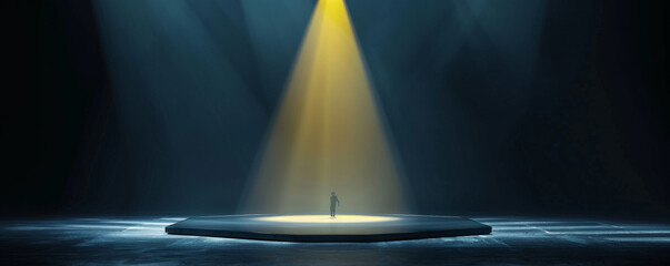 A sleek dance stage with a single yellow spotlight creating a dramatic effect. The backdrop is dark with subtle hints of light, focusing all attention on the dancer.