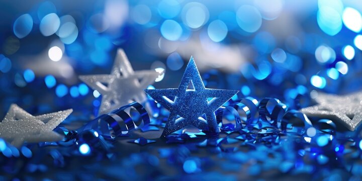 A decorative arrangement of blue and silver stars on a table