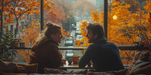 A couple sits at a table in a cafe window seat, enjoying a conversation while looking out at the fall foliage.