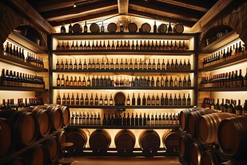 Wine cellar interior with wooden shelves and oak barrels filled with wine types. Soft highlights rich colors and textures of wine bottles. Ideal for food, beverage, hospitality, luxury.