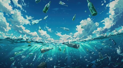 Fototapeta premium Ocean Pollution: A Depiction of Bottles Falling from the Sky