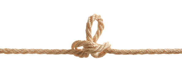 Hemp rope with knot on white background