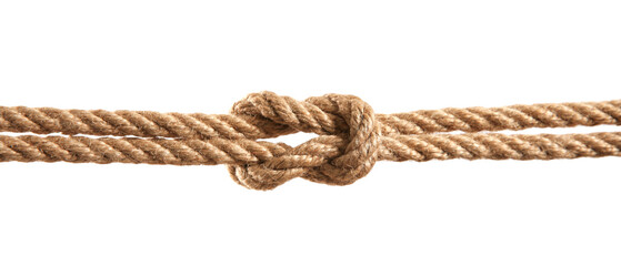 Hemp rope with square knot on white background