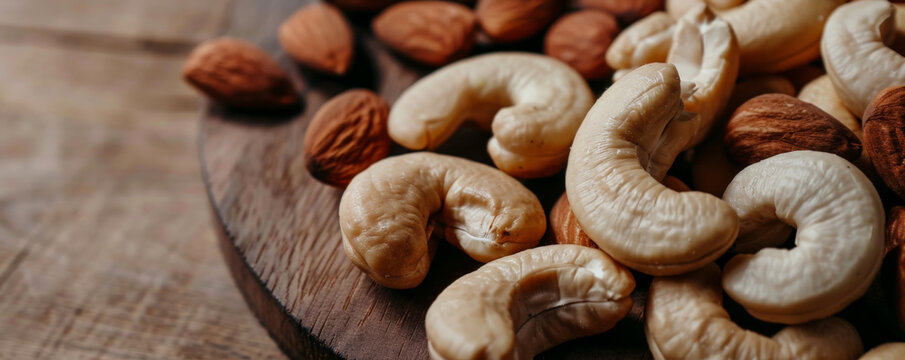 A macro view of a mix of cashews and almonds, highlighting their smooth textures and creamy colors. The nuts are scattered on a polished wooden surface, creating a harmonious blend of tones.