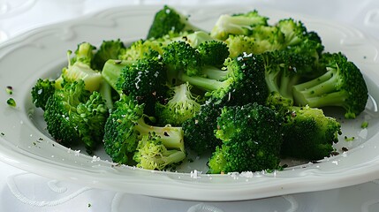 Bright green steamed broccoli lightly seasoned and served on a clean white plate.