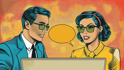 Pop art concept business people answering question at job interview. Colorful background in pop art retro comic style. Human Resources. Employees brainstorming on hiring new employees.
