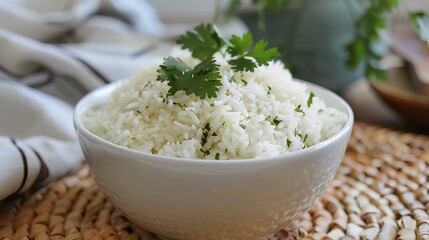 A bowl of steamed rice with a fluffy texture and light seasoning, garnished with fresh cilantro.