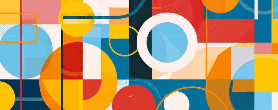Abstract background showcasing vibrant lines and geometric shapes in primary colors, forming a playful, energetic composition with intersecting squares and circles.