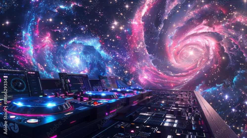 Poster a close-up view of a dj mixer set up against a backdrop of a swirling, colorful galaxy. the vibrant 