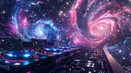 A close-up view of a DJ mixer set up against a backdrop of a swirling, colorful galaxy. The vibrant pink and blue nebulae fill the sky, with countless stars twinkling in the distance.