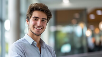 Obraz premium Confident Young Western European Man Smiling in Modern Office Environment, Ideal for Corporate and Professional Use