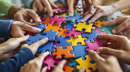 people putting together a puzzle. teamwork concept