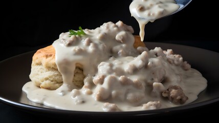 Fluffy Southern biscuits drenched in rich sausage gravy.