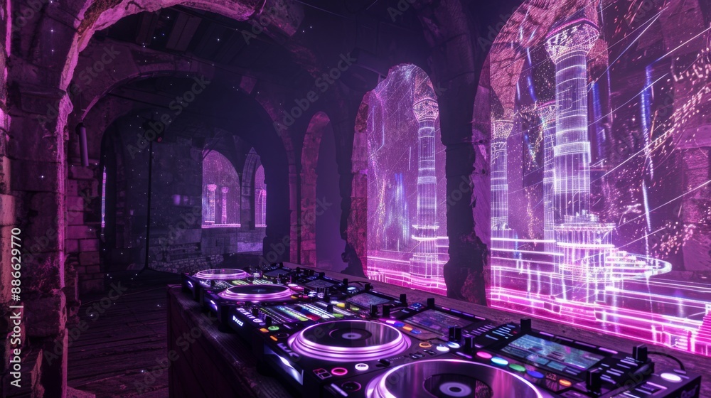 Poster a dj mixer sits in front of a large window, glowing with neon light. the window is surrounded by old