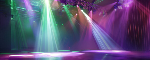 A dynamic dance stage with multiple spotlights in purple and green, casting dramatic shadows. The backdrop features vibrant light streaks that add to the energetic vibe.