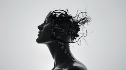 Abstract silhouette of a human head with intricate, swirling elements emerging from the brain on a light background.