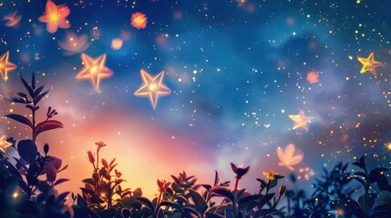 花の形をした星々が輝く夜空 - 魔法のような夜